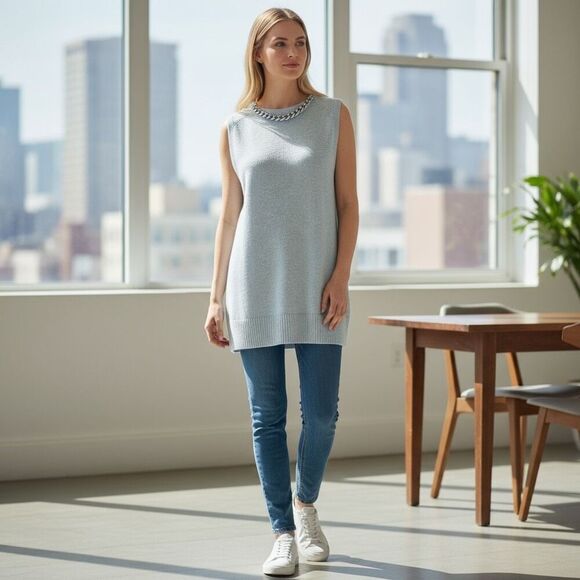 Michael Kors Chain-Neck Sleeveless Sweater Tunic Pearl Heather Gray NWT Size M S - Picture 9 of 11